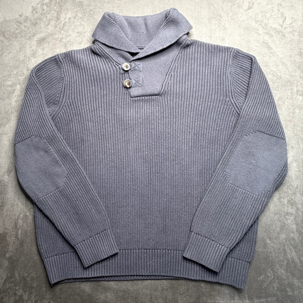 Duluth Trading Co Shawl Neck Sweater Mens Large Gray Blue Ribbed Elbow Patches